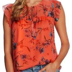 Super Bright Orange CeCe Breezy Summer Floral Blouse Fun Tie Front Vacation Top